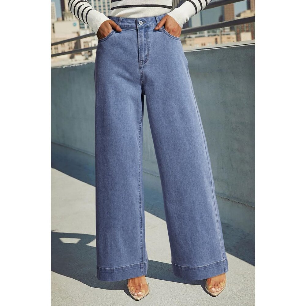 Women's Myosotis Waisted Wide Leg Denim Jeans Stretchy Loose Pants with Pockets - Picture 5 of 6